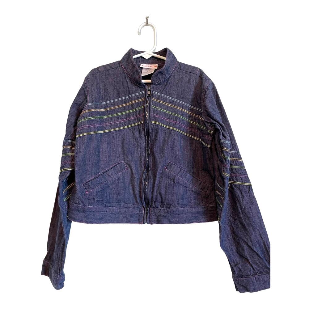 American Girl Cropped Denim Jean Jacket Embroidered Lightweight Pockets Medium